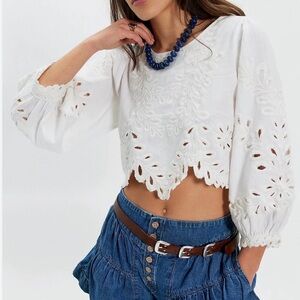 Free People Oleander Embroidered Cropped Top - White/Ivory